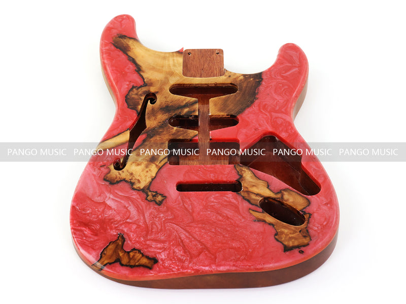 One-of-a-Kind ST Thinline Style Electric Guitar Body with F-hole, Burl Wood & Epoxy Resin Top (SRB-017)