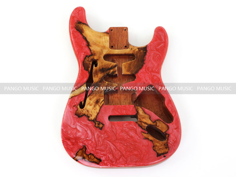 One-of-a-Kind ST Thinline Style Electric Guitar Body with F-hole, Burl Wood & Epoxy Resin Top (SRB-017)