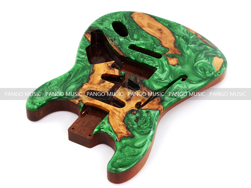 One-of-a-Kind ST Thinline Style Electric Guitar Body with F-hole, Burl Wood & Epoxy Resin Top (SRB-018)