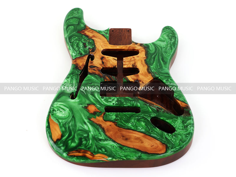 One-of-a-Kind ST Thinline Style Electric Guitar Body with F-hole, Burl Wood & Epoxy Resin Top (SRB-018)