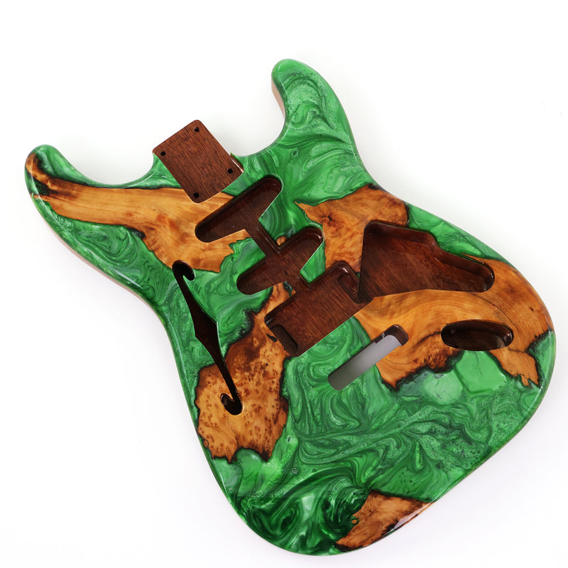 One-of-a-Kind ST Thinline Style Electric Guitar Body with F-hole, Burl Wood & Epoxy Resin Top (SRB-019)