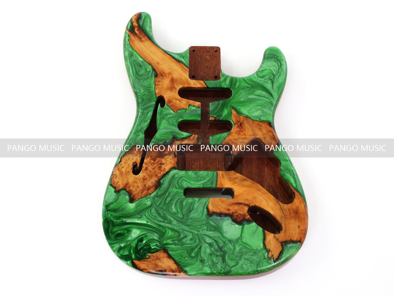 One-of-a-Kind ST Thinline Style Electric Guitar Body with F-hole, Burl Wood & Epoxy Resin Top (SRB-019)