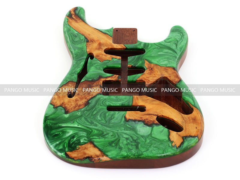 One-of-a-Kind ST Thinline Style Electric Guitar Body with F-hole, Burl Wood & Epoxy Resin Top (SRB-019)