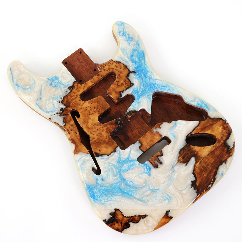 One-of-a-Kind ST Thinline Style Electric Guitar Body with F-hole, Burl Wood & Epoxy Resin Top (SRB-020)