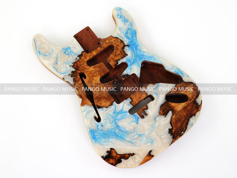 One-of-a-Kind ST Thinline Style Electric Guitar Body with F-hole, Burl Wood & Epoxy Resin Top (SRB-020)