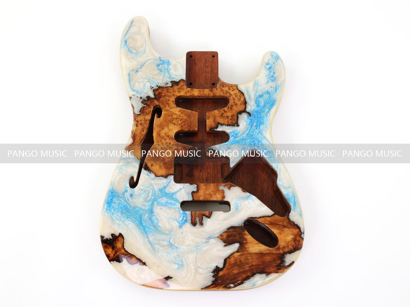 One-of-a-Kind ST Thinline Style Electric Guitar Body with F-hole, Burl Wood & Epoxy Resin Top (SRB-020)