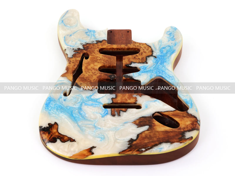 One-of-a-Kind ST Thinline Style Electric Guitar Body with F-hole, Burl Wood & Epoxy Resin Top (SRB-020)