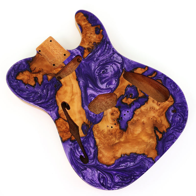 One-of-a-Kind Tele Thinline Style Pickguard-Ready Electric Guitar Body with EpoxyBurl Top & F-Hole (TRP-001)