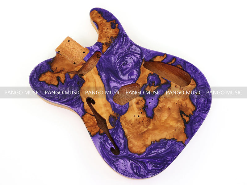One-of-a-Kind Tele Thinline Style Pickguard-Ready Electric Guitar Body with EpoxyBurl Top & F-Hole (TRP-001)