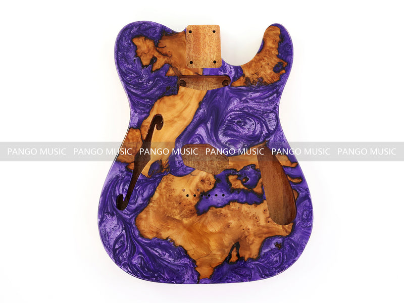 One-of-a-Kind Tele Thinline Style Pickguard-Ready Electric Guitar Body with EpoxyBurl Top & F-Hole (TRP-001)