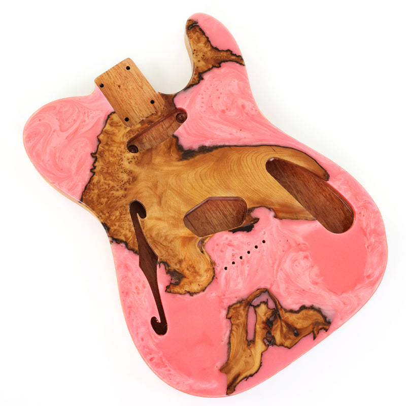 One-of-a-Kind Tele Thinline Style Pickguard-Ready Electric Guitar Body with EpoxyBurl Top & F-Hole (TRP-002)