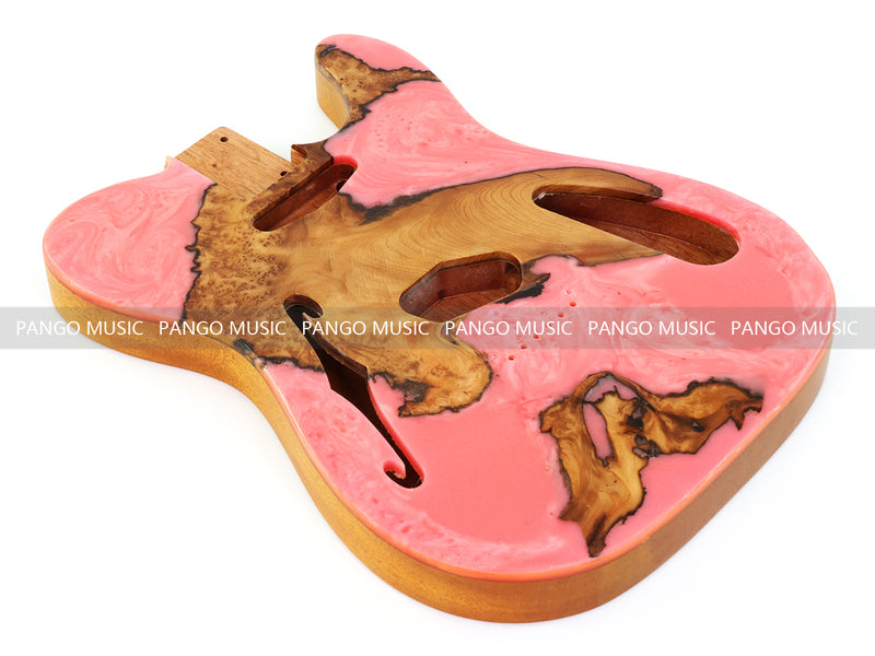 One-of-a-Kind Tele Thinline Style Pickguard-Ready Electric Guitar Body with EpoxyBurl Top & F-Hole (TRP-002)