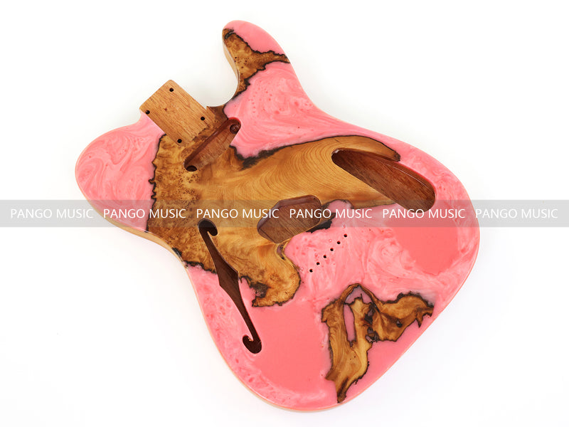 One-of-a-Kind Tele Thinline Style Pickguard-Ready Electric Guitar Body with EpoxyBurl Top & F-Hole (TRP-002)