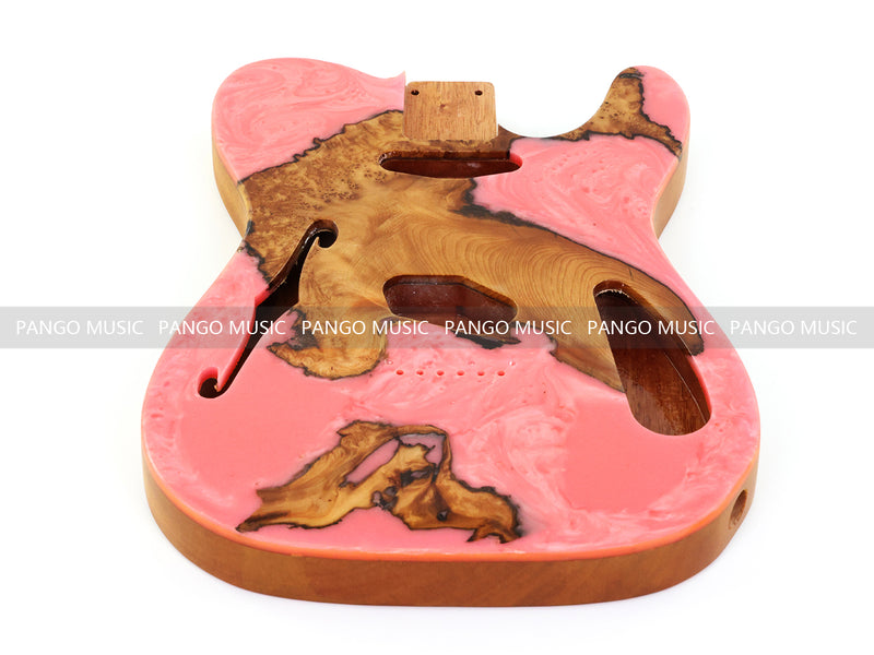 One-of-a-Kind Tele Thinline Style Pickguard-Ready Electric Guitar Body with EpoxyBurl Top & F-Hole (TRP-002)