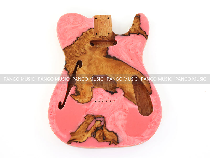One-of-a-Kind Tele Thinline Style Pickguard-Ready Electric Guitar Body with EpoxyBurl Top & F-Hole (TRP-002)