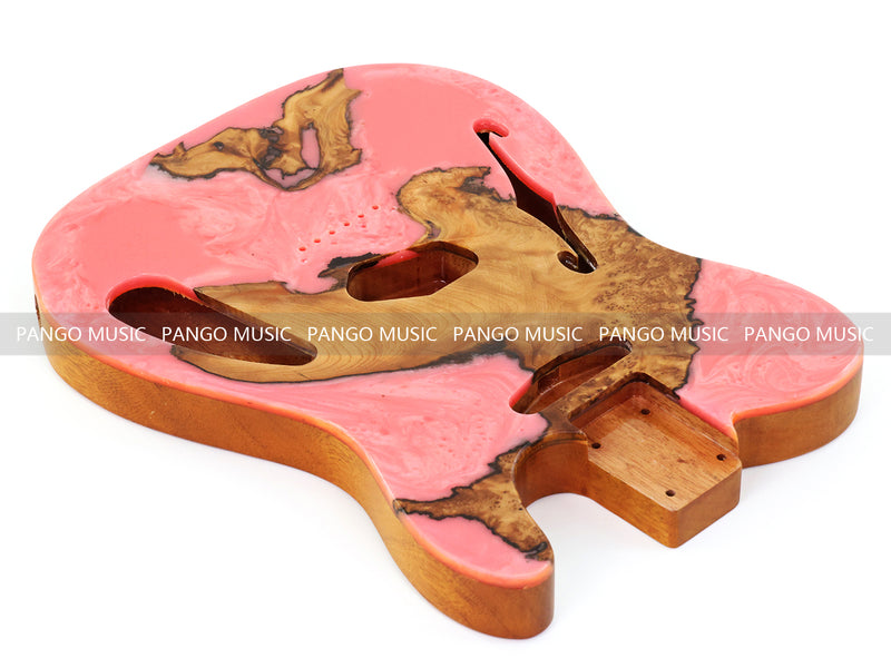 One-of-a-Kind Tele Thinline Style Pickguard-Ready Electric Guitar Body with EpoxyBurl Top & F-Hole (TRP-002)