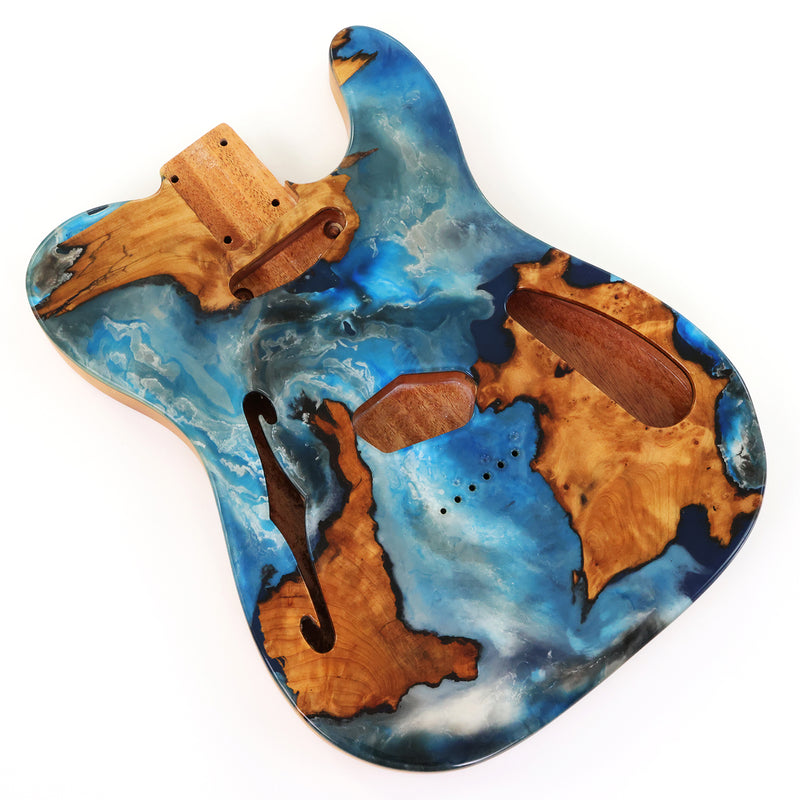 One-of-a-Kind Tele Thinline Style Pickguard-Ready Electric Guitar Body with EpoxyBurl Top & F-Hole (TRP-003)