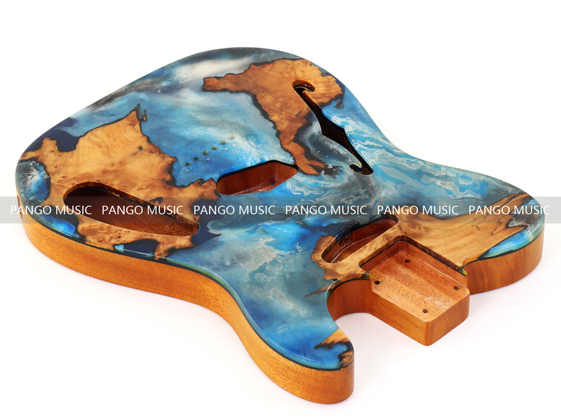 One-of-a-Kind Tele Thinline Style Pickguard-Ready Electric Guitar Body with EpoxyBurl Top & F-Hole (TRP-003)