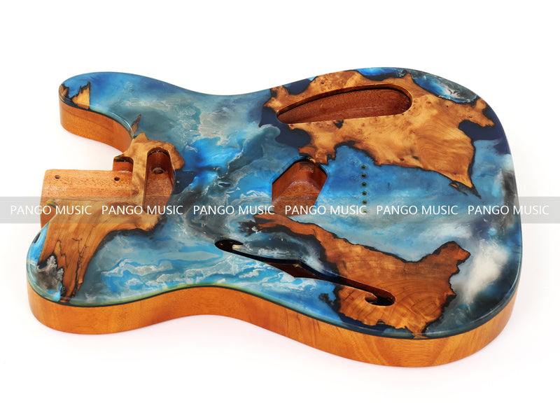 One-of-a-Kind Tele Thinline Style Pickguard-Ready Electric Guitar Body with EpoxyBurl Top & F-Hole (TRP-003)