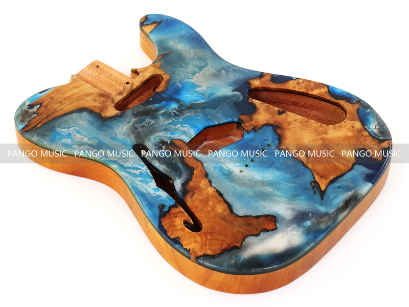 One-of-a-Kind Tele Thinline Style Pickguard-Ready Electric Guitar Body with EpoxyBurl Top & F-Hole (TRP-003)