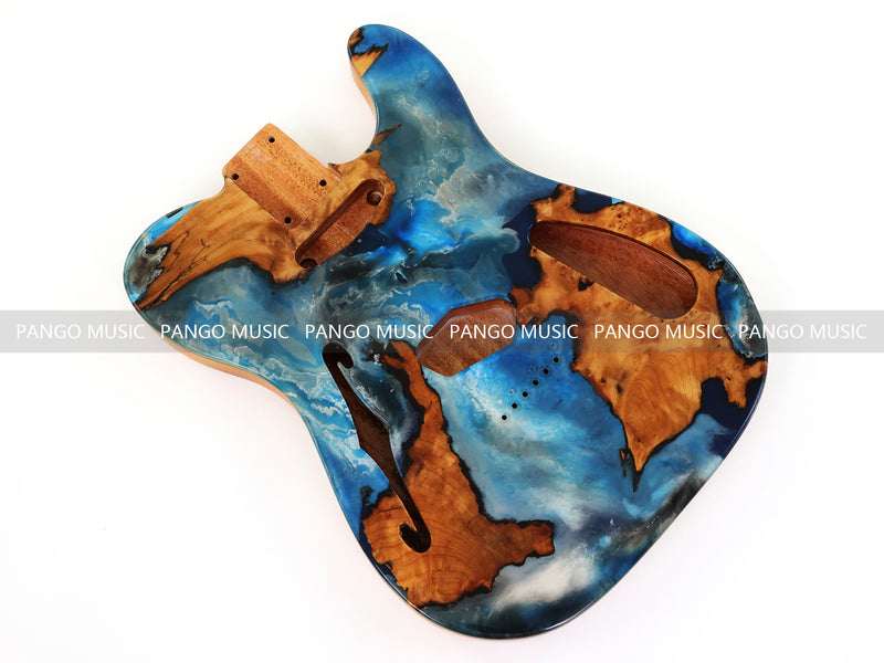 One-of-a-Kind Tele Thinline Style Pickguard-Ready Electric Guitar Body with EpoxyBurl Top & F-Hole (TRP-003)