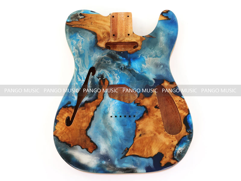One-of-a-Kind Tele Thinline Style Pickguard-Ready Electric Guitar Body with EpoxyBurl Top & F-Hole (TRP-003)