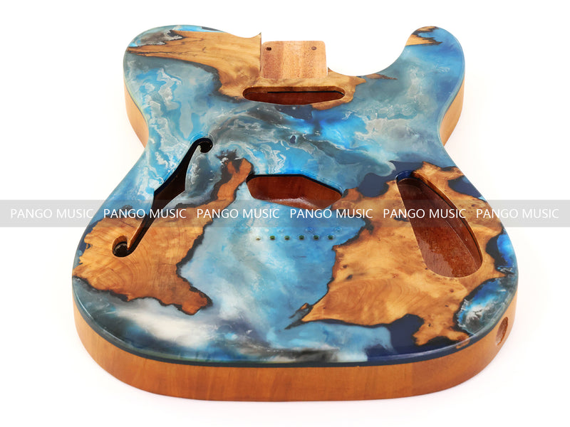 One-of-a-Kind Tele Thinline Style Pickguard-Ready Electric Guitar Body with EpoxyBurl Top & F-Hole (TRP-003)