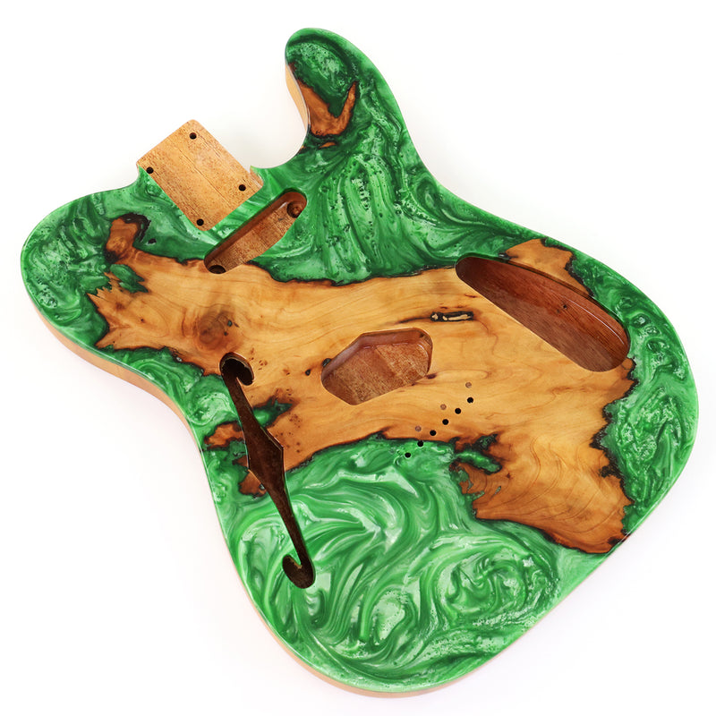 One-of-a-Kind Tele Thinline Style Pickguard-Ready Electric Guitar Body with EpoxyBurl Top & F-Hole (TRP-004)