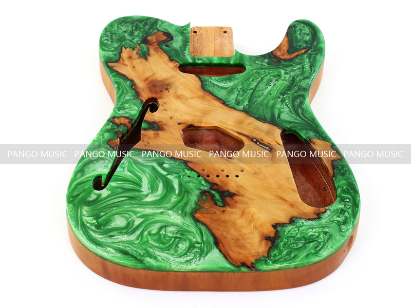 One-of-a-Kind Tele Thinline Style Pickguard-Ready Electric Guitar Body with EpoxyBurl Top & F-Hole (TRP-004)