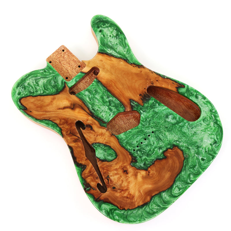One-of-a-Kind Tele Thinline Style Pickguard-Ready Electric Guitar Body with EpoxyBurl Top & F-Hole (TRP-005)