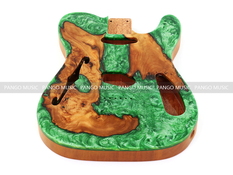 One-of-a-Kind Tele Thinline Style Pickguard-Ready Electric Guitar Body with EpoxyBurl Top & F-Hole (TRP-005)
