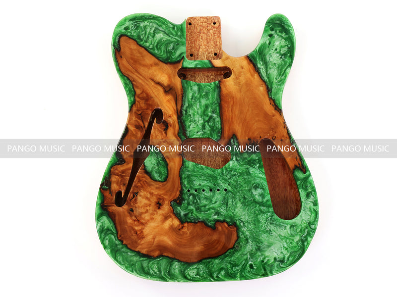 One-of-a-Kind Tele Thinline Style Pickguard-Ready Electric Guitar Body with EpoxyBurl Top & F-Hole (TRP-005)