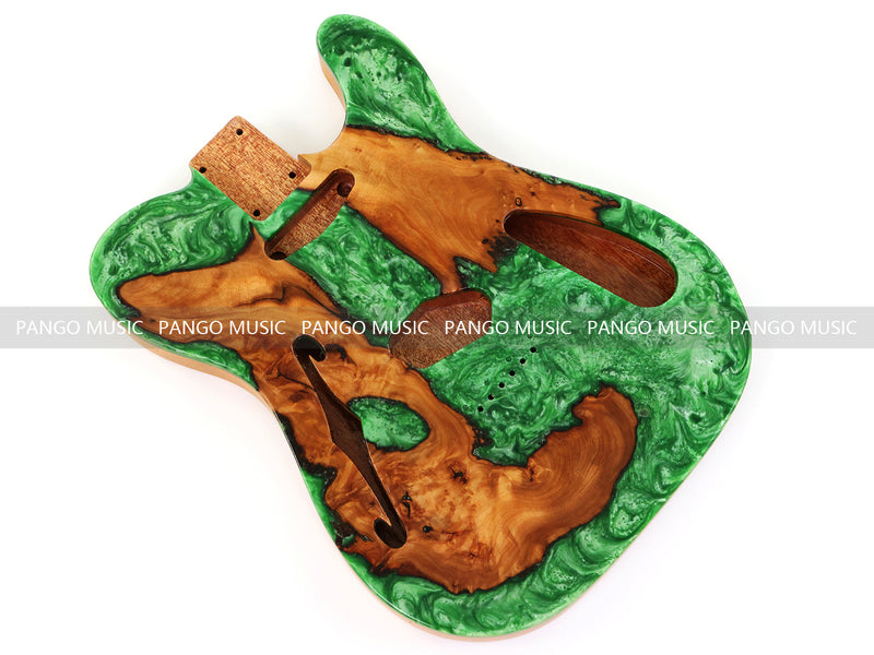 One-of-a-Kind Tele Thinline Style Pickguard-Ready Electric Guitar Body with EpoxyBurl Top & F-Hole (TRP-005)