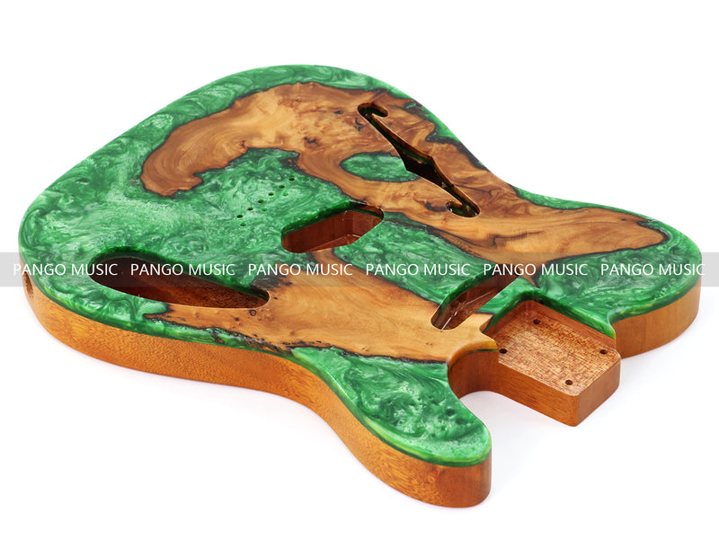One-of-a-Kind Tele Thinline Style Pickguard-Ready Electric Guitar Body with EpoxyBurl Top & F-Hole (TRP-005)