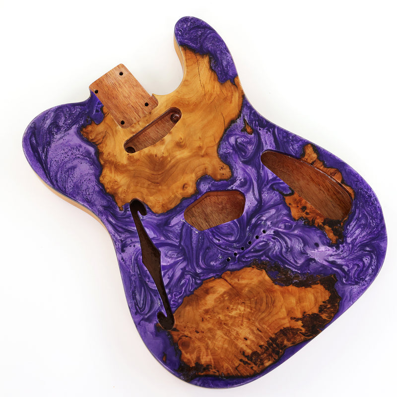 One-of-a-Kind Tele Thinline Style Pickguard-Ready Electric Guitar Body with EpoxyBurl Top & F-Hole (TRP-006)