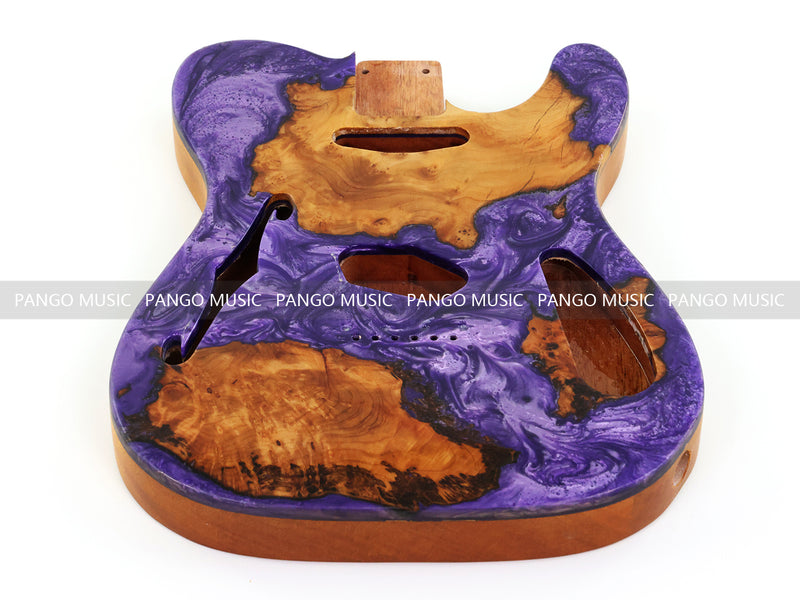 One-of-a-Kind Tele Thinline Style Pickguard-Ready Electric Guitar Body with EpoxyBurl Top & F-Hole (TRP-006)