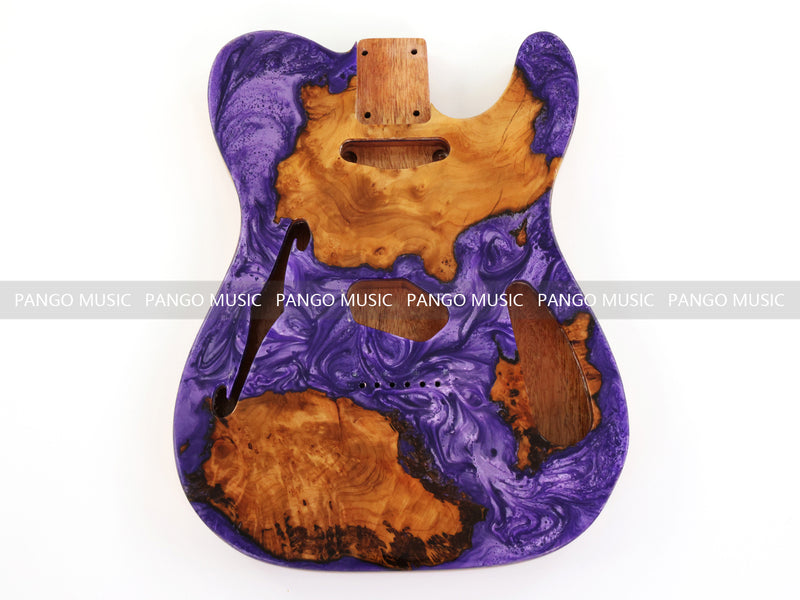 One-of-a-Kind Tele Thinline Style Pickguard-Ready Electric Guitar Body with EpoxyBurl Top & F-Hole (TRP-006)