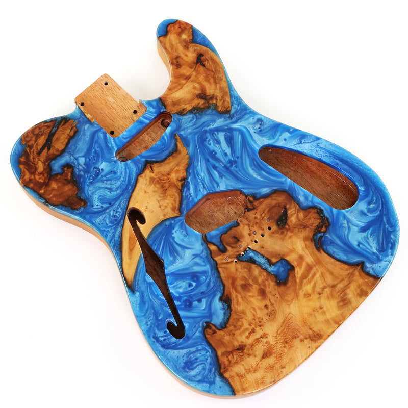 One-of-a-Kind Tele Thinline Style Pickguard-Ready Electric Guitar Body with EpoxyBurl Top & F-Hole (TRP-007)