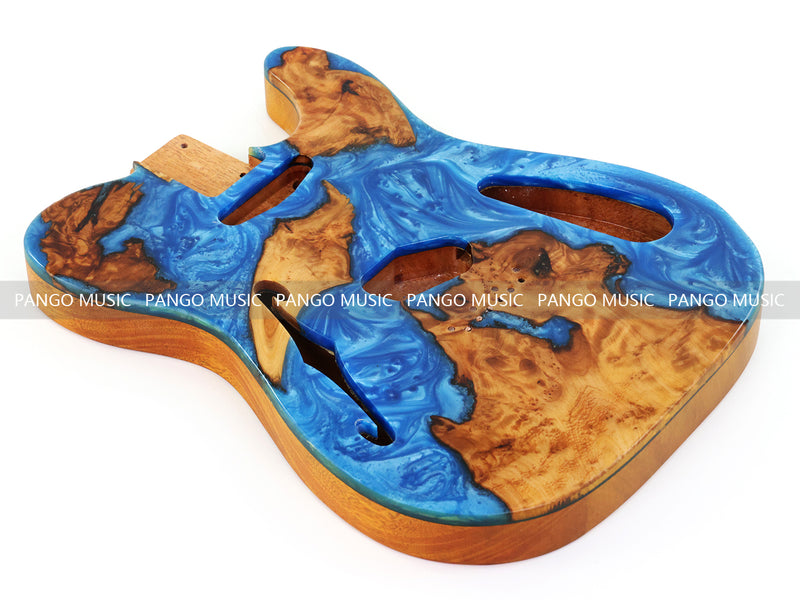 One-of-a-Kind Tele Thinline Style Pickguard-Ready Electric Guitar Body with EpoxyBurl Top & F-Hole (TRP-007)