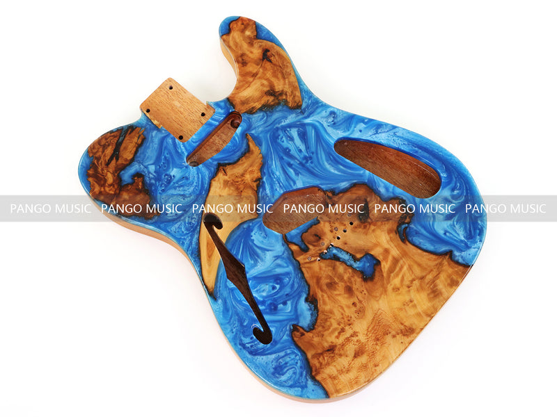 One-of-a-Kind Tele Thinline Style Pickguard-Ready Electric Guitar Body with EpoxyBurl Top & F-Hole (TRP-007)