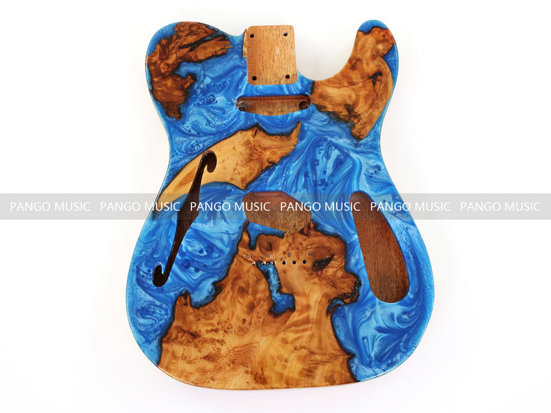 One-of-a-Kind Tele Thinline Style Pickguard-Ready Electric Guitar Body with EpoxyBurl Top & F-Hole (TRP-007)