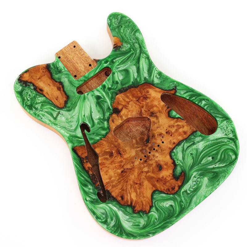One-of-a-Kind Tele Thinline Style Pickguard-Ready Electric Guitar Body with EpoxyBurl Top & F-Hole (TRP-008)