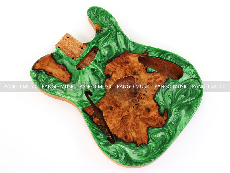 One-of-a-Kind Tele Thinline Style Pickguard-Ready Electric Guitar Body with EpoxyBurl Top & F-Hole (TRP-008)