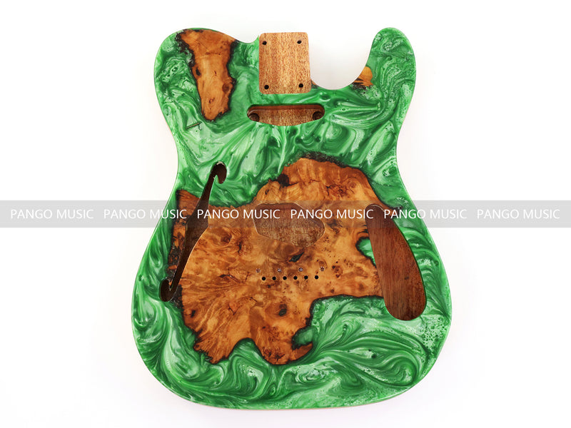 One-of-a-Kind Tele Thinline Style Pickguard-Ready Electric Guitar Body with EpoxyBurl Top & F-Hole (TRP-008)