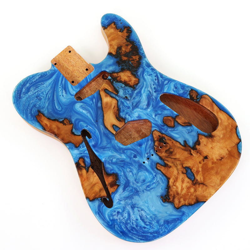 One-of-a-Kind Tele Thinline Style Pickguard-Ready Electric Guitar Body with EpoxyBurl Top & F-Hole (TRP-009)