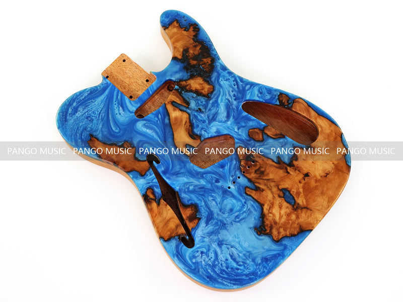 One-of-a-Kind Tele Thinline Style Pickguard-Ready Electric Guitar Body with EpoxyBurl Top & F-Hole (TRP-009)