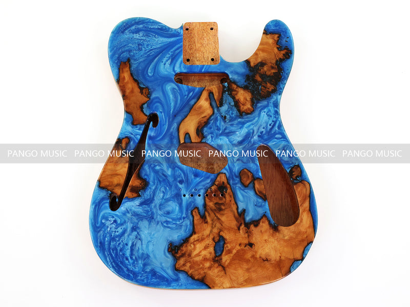 One-of-a-Kind Tele Thinline Style Pickguard-Ready Electric Guitar Body with EpoxyBurl Top & F-Hole (TRP-009)