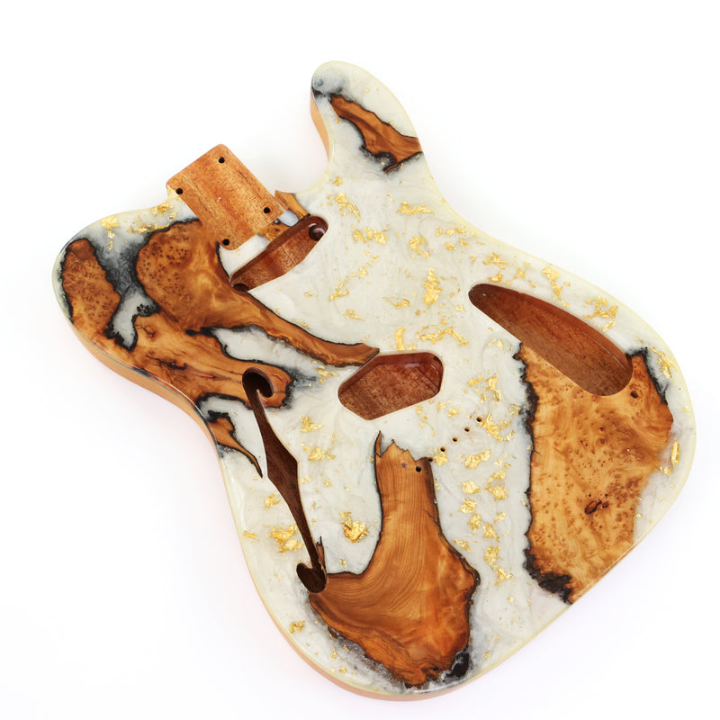 One-of-a-Kind Tele Thinline Style Pickguard-Ready Electric Guitar Body with EpoxyBurl Top & F-Hole (TRP-010)