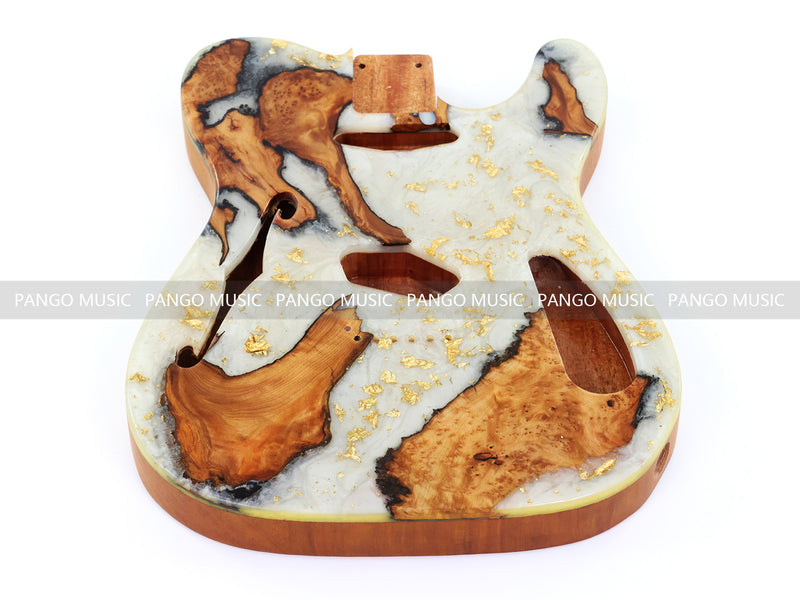 One-of-a-Kind Tele Thinline Style Pickguard-Ready Electric Guitar Body with EpoxyBurl Top & F-Hole (TRP-010)
