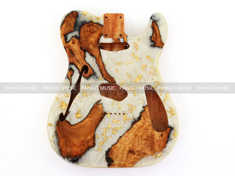One-of-a-Kind Tele Thinline Style Pickguard-Ready Electric Guitar Body with EpoxyBurl Top & F-Hole (TRP-010)